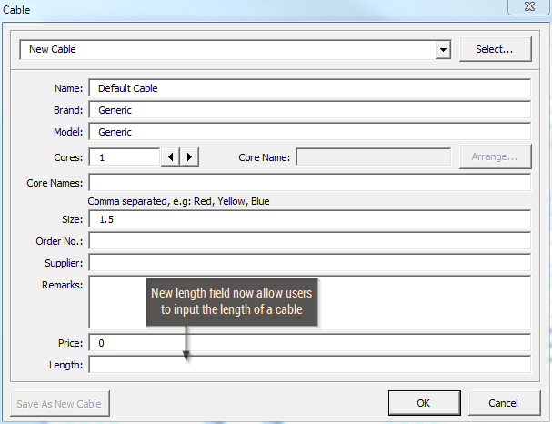 Length field added to allow users to specify length of cables.